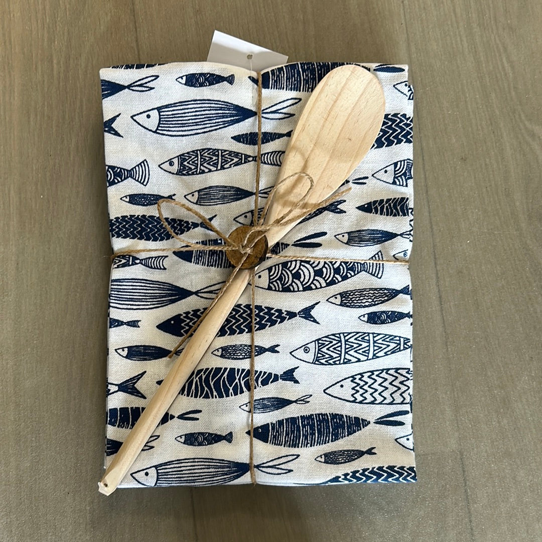 Juego de 2 paños de cocina con cuchara de madera