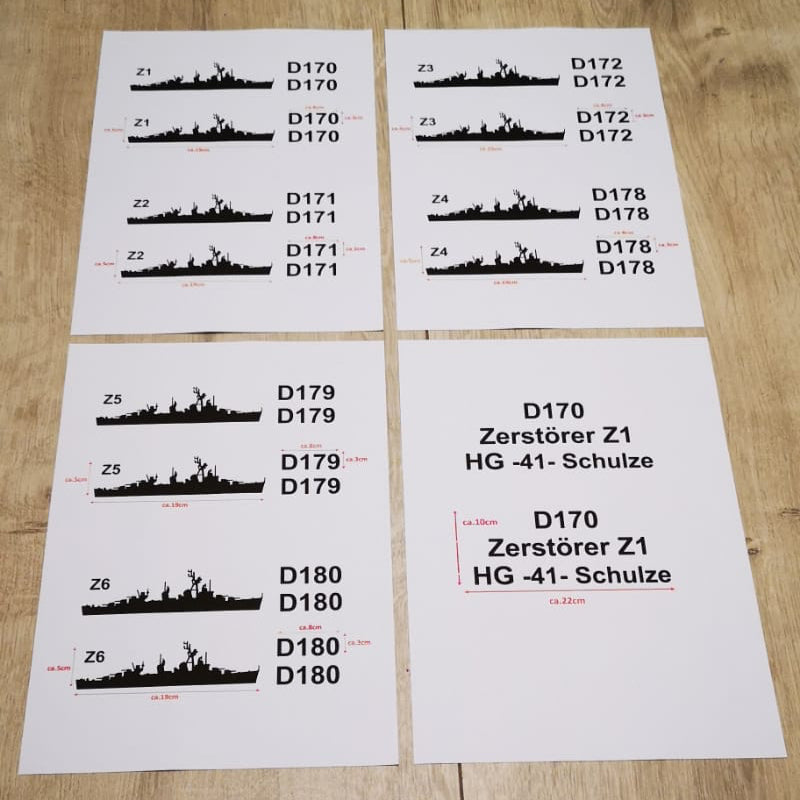 Aufkleber Zerstörer Fletcher- Klasse Z1-Z6 plus  2x Hullnumber