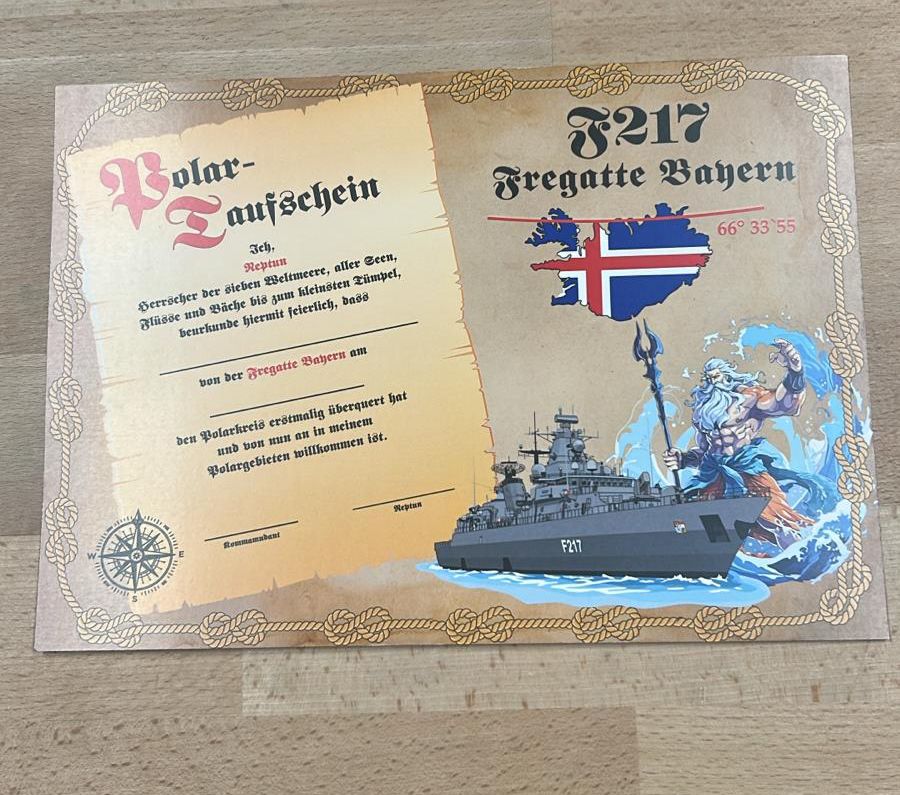 Certificado de bautizo del Polo Norte "Fragata F217 BAYERN"