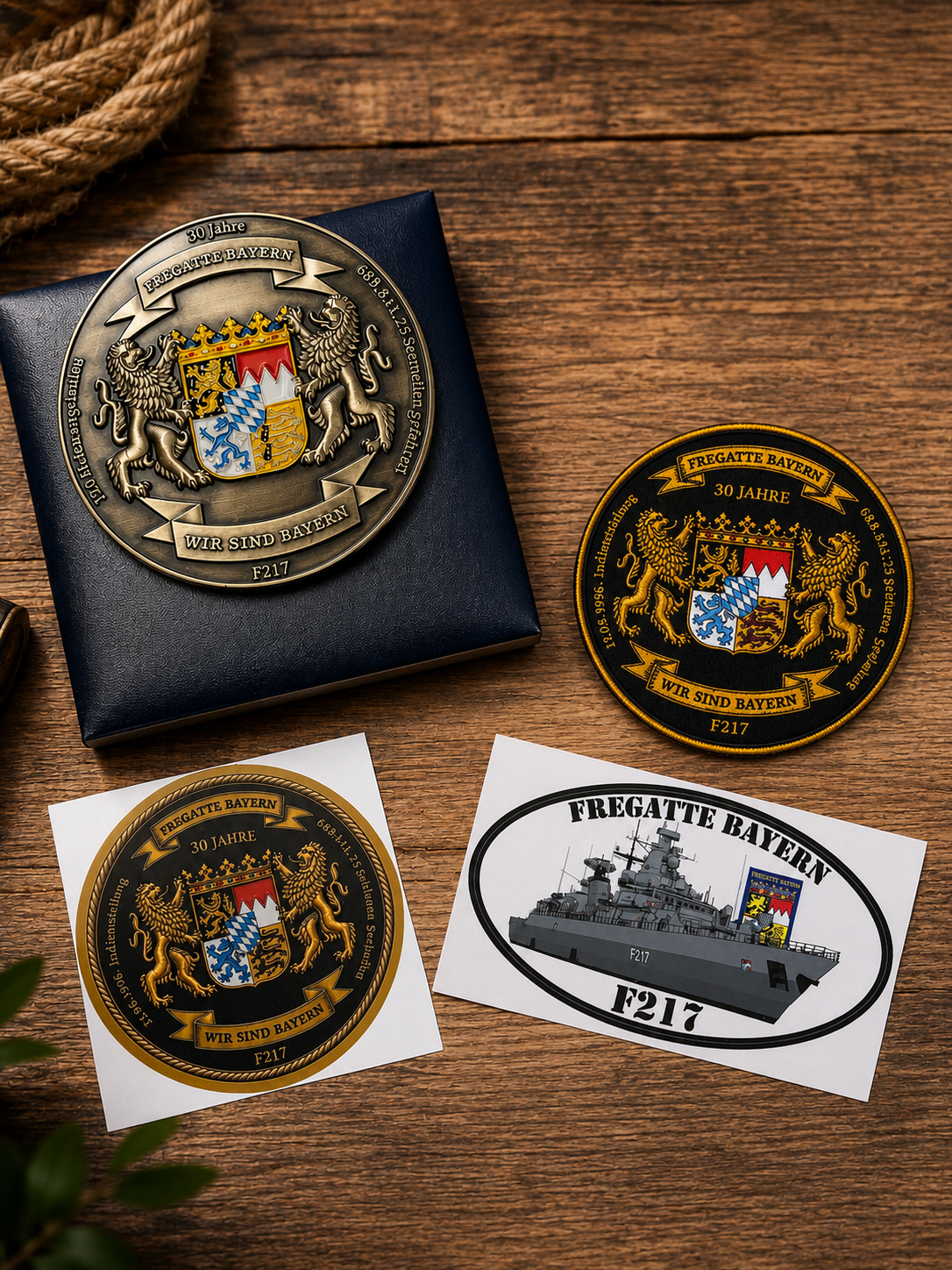 Jubiläums-Set „30 Jahre Fregatte Bayern F217“ – Coin, Patch & Aufkleber