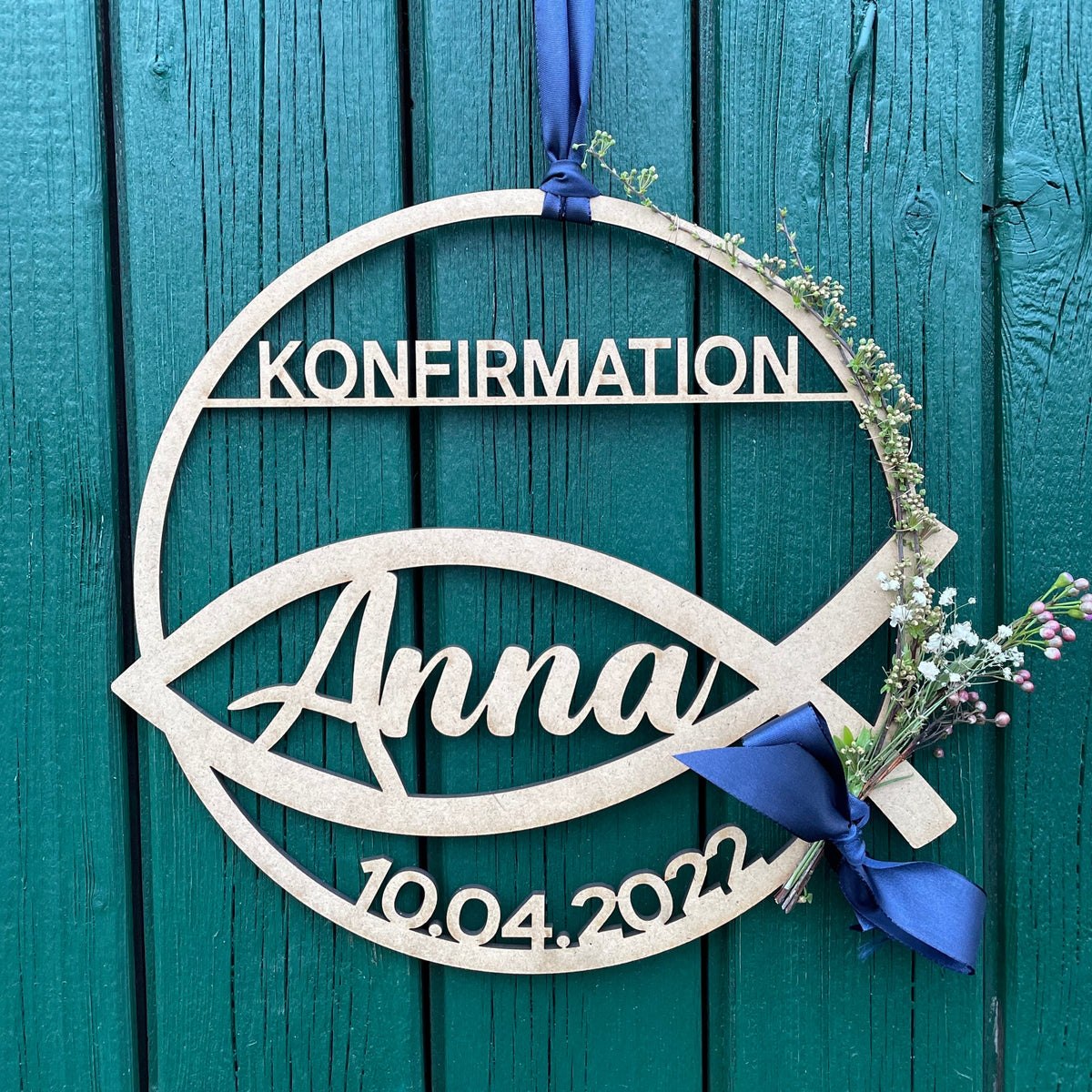 Hoop / Kranz mit Fisch, Konfirmation mit Namen & Datum 30cm