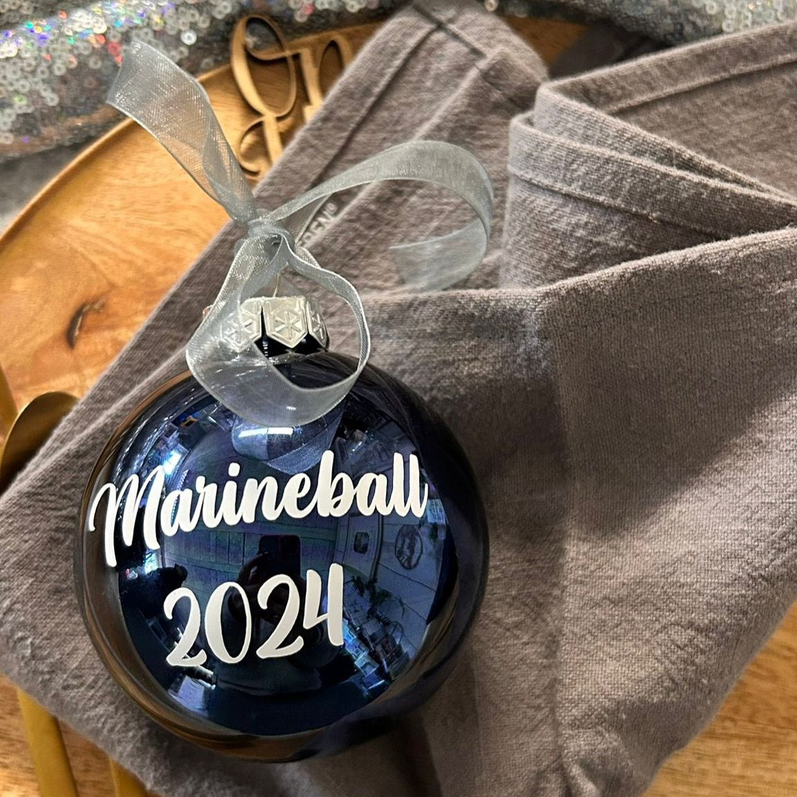 Bola de Navidad con nombre, personalizada, azul medianoche